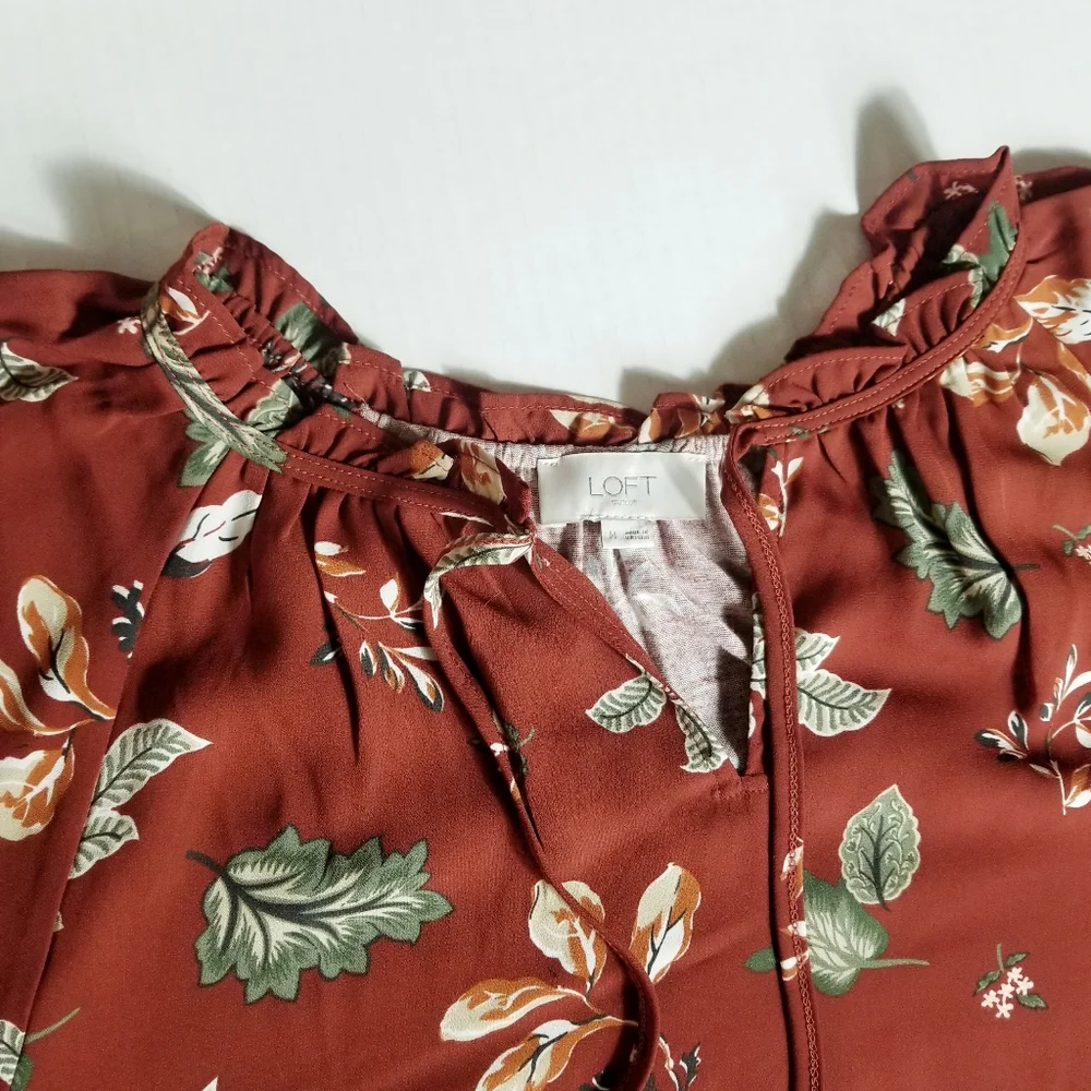 LOFT BOHO LEAF BLOUSE BURNT RED GREEN ORANGE SIZE MEDIUM - Picture 11 of 11